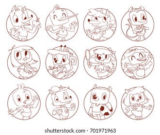 Vector set of frames with funny animals: male fox, male stork, female cat, female chicken, squirrel, wolf, male chicken, bear, mouse, female stork, female fox and dog on a white background. Line art.