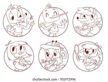 Vector set of frames with funny animals: male fox, male stork, female fox, female chicken, female squirrel and female dog on a white background. Animal, forest, positive character. Line art.