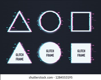 Vector set of frames with glitch effect. Circle, triangle, rhombus and square with vhs glitch effect.