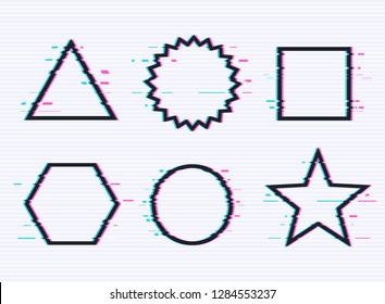 Vector set of frames with glitch effect. Circle, triangle, rhombus and square with vhs glitch effect.