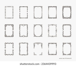 Vector set of frames, hand drawing, paper and ink. A4 frame template, isolated vintage frame set, art deco, modern, fantasy, floral, wedding pattern, decorative divider, cover, diploma, mockup.