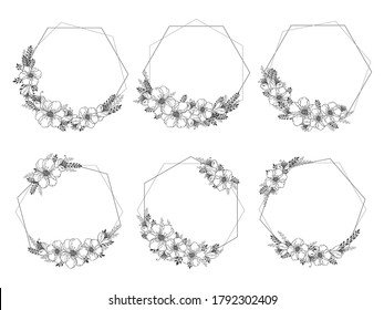 Vector set of frames with hand drawn flowers and floral elements. Decorative wreaths collection. Monochrome. 