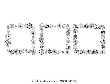Vector set of frames with hand-drawn butterflies and flowers, isolated on white background. Romantic frames, template  for wedding invitations, decor, greeting card, labels, badges, tags or stamps.
