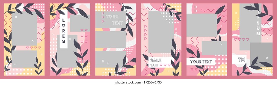 Vector Set von Rahmen für Geschichten in floralen Memphis Stil. Trendy bearbeitbare Vorlage für soziale Medien. 6 einfache vertikale Banner mit Kopierraum. Highlights und Insta Cockup, süße rosa Palette