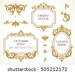 Vector set frames and vignette for design template. Elements in Victorian style. Golden floral borders. Ornate decor for invitations, greeting cards, certificate, thank you message.
