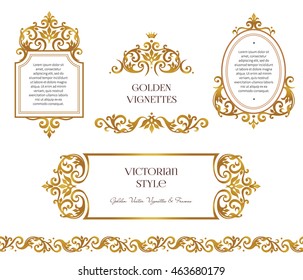 Vector set frames and vignette for design template. Element in Victorian style. Golden floral seamless border. Ornate decor for invitation, greeting card, certificate, thank you message.