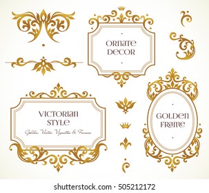 Vector set frames and vignette for design template. Elements in Victorian style. Golden floral borders. Ornate decor for invitations, greeting cards, certificate, thank you message.