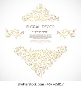 Vector set frames, vignettes for design template. Vintage element in Eastern style. Outline floral illustration. Golden ornate decor for invitation, birthday, greeting card, label, thank you message.