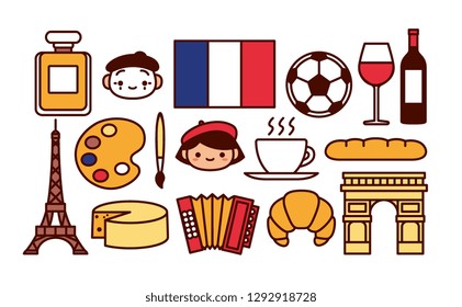Vector Set Of France Cartoon Icons Isolated
