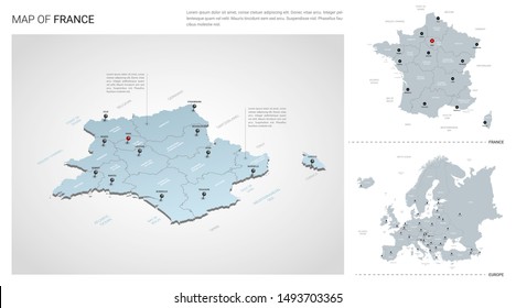 Vector set of France country.  Isometric 3d map, France map, Europe map - with region, state names and city names. 