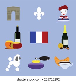 Vector set of France symbol. Icon of Triumphal arch, French lily, clown, vine, cheese, champagne, perfume , poodle, croissant. Flat design for  Paris tourism  posters, flyers and banners. EPS 10 