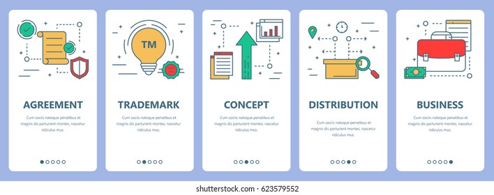 Vector set of franchise concept vertical banners. Agreement, trademark, concept, distribution and business concept elements. Thin line flat design symbols, icons for website menu, print.