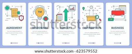 Vector set of franchise concept vertical banners. Agreement, trademark, concept, distribution and business concept elements. Thin line flat design symbols, icons for website menu, print.