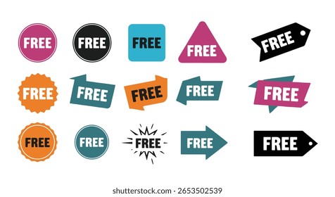 Vector Set of Free Labels and Tags – Colorful Flat Badge Icons for Promotions, Giveaways, Discounts, and E-commerce Marketing Graphics