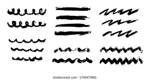 Vector set of freehand brush strokes. Abstract black doodle elements, isolated on white background. Ink splashes with grunge texture