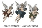 Vector set Freehand Cupids scribble isolated on white background. Texture of writing materials. Handwritten valentines doodles and pencil strokes. Hand watercolor drawn cupidon. Line art