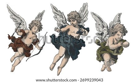Vector set Freehand Cupids scribble isolated on white background. Texture of writing materials. Handwritten valentines doodles and pencil strokes. Hand watercolor drawn cupidon. Line art
