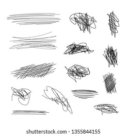 Vector Set of Freehand Doodling Drawings, Scribble Lines, Black Abstract Shapes Isolated on White Background.