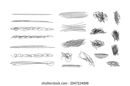 Vector Set of Freehand Drawings, Scribble Lines, Scratches, Underline Strokes, Black Abstract Shapes Isolated on White Background.