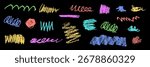 Vector set of freehand scrawl doodles with bold thick strokes, swirl, curl and wave shapes on black. Multi-color design in red, blue, yellow, green, and turquoise, chalkboard stain effect included.