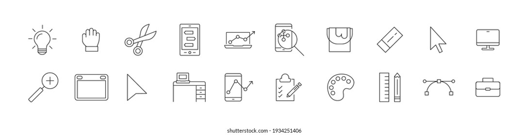 Vector set of freelance thin line icons. Design of 20 stroke pictograms. Freelance signs isolated on a white background.