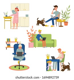 Vector set of freelancers, remote home work. People balance working from home among children and pets. Staying home during quarantine with family. Isolated on white background.