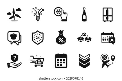 Vector set of Freezing click, Shoulder strap and Shopping cart icons simple set. Inspiration, Loan and Windmill turbine icons. Parcel shipping, Protection shield and Champagne signs. Vector
