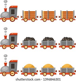 Vector set of freight trains with wood, coal and sand. Cute transport illustration. Cartoon wagons