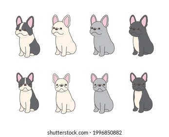 Vector set of french bulldog.  Looking at Camera. Facing Front. Sitting.