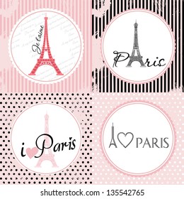 Vector Set French Card about love of Paris. Eiffel Tower consist of ornament. Different Background