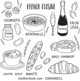 Vector set of French cuisine – escargots, ratatouille, champagne, frog legs, mayonnaise, onion soup, baguette, baked camembert, croissant. Hand drawn illustration, flat and cartoon style.