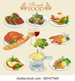 Vector set of French cuisine. National food of France. Icons for menu.