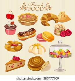 Vector set of French cuisine. National food of France. Icons for menu.