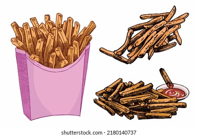 Vector  set of french fries elements on white isolated, color elements . Fatty food