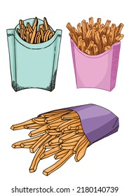 Vector  set of french fries elements on white isolated, color elements . Fatty food