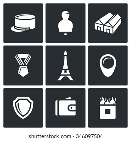 Vector Set of French Legion Icons. Kepi, Target, Barracks, Order, Eiffel Tower, Deployment, Security, Payment, Obstacle. Ammunition, Shooting, Accommodation, Award, Landmark, Pointer, Shield, Purse.