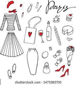 Vector set in french style in Paris. Clothes, bags, shoes, food. Lettering . Hand drawn.