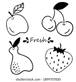 Vector set of fresh apple, pear, cherry and strawberry. Hand-drawn doodle set of fruit and berries