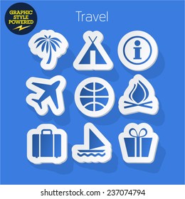 Vector set of fresh and colorful sticker icons of traveling and touristic. File contains graphic styles available in Illustrator