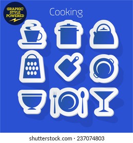 Vektorset mit frischen und bunten Aufklebern von Kochen. Datei enthält Grafikstile, die in Illustrator verfügbar sind