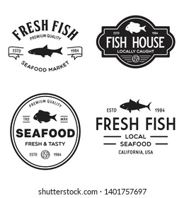 Vector set of fresh fish labels, logo, badges and design elements. Great Restaurant and Seafood Emblems. Vintage illustration.