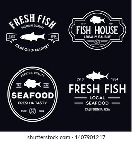 Vector set of fresh fish labels, logo, badges and design elements. Great Restaurant and Seafood Emblems. Vintage illustration.