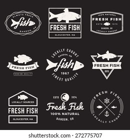 vector set of fresh fish labels, badges and design elements with grunge texture