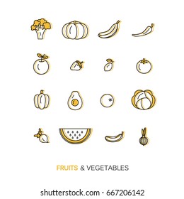 Vector set of fresh fruit and vegetable icons made in trendy line style. Healthy lifestyle or diet vector design element. Organic farm illustration in two colors - yellow and black.