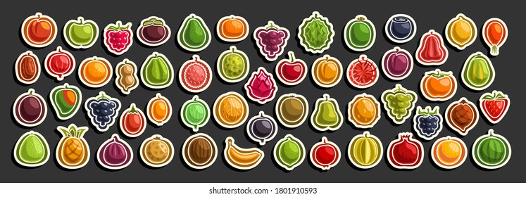 Vector set of fresh Fruits, group of cut out cartoon fruits and berries, various minimal design fruit tags for sweet drinks or ice cream, collection of vegan simple icons isolated on black background.