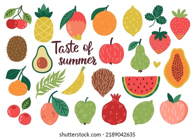 Vector set of fresh fruits. Summer collection of exotic fruits and berries. Bright card with summer organic food. Vegetarian food. Isolated on white. Juicy fruits icon set.