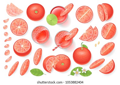 Vector set. Fresh grapefruit and grapefruit juice. Top view. Grapefruit sliced in various pieces, juice in glasses, leaves, flowers, grains, drops. View from above.