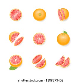 Vector set. Fresh grapefruit. Top view. Grapefruit sliced in various pieces. View from above.