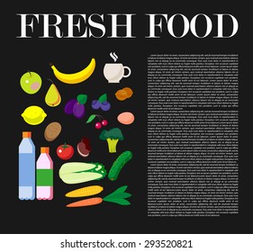 Vector set of fresh and health food icons and elements. Flat food illustration with infographic elements. Good for any graphic design and magazine or book illustration.