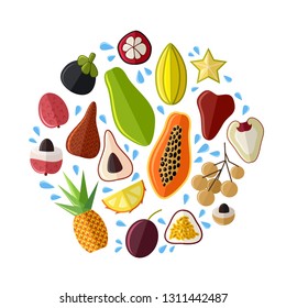Vector set of fresh juicy exotic tropic asian fruits in flat style. Collection of papaya, pineapple, salacca, longan, passion fruit, water apple, carambola, mangosteen, lychee. Colorful illustrations